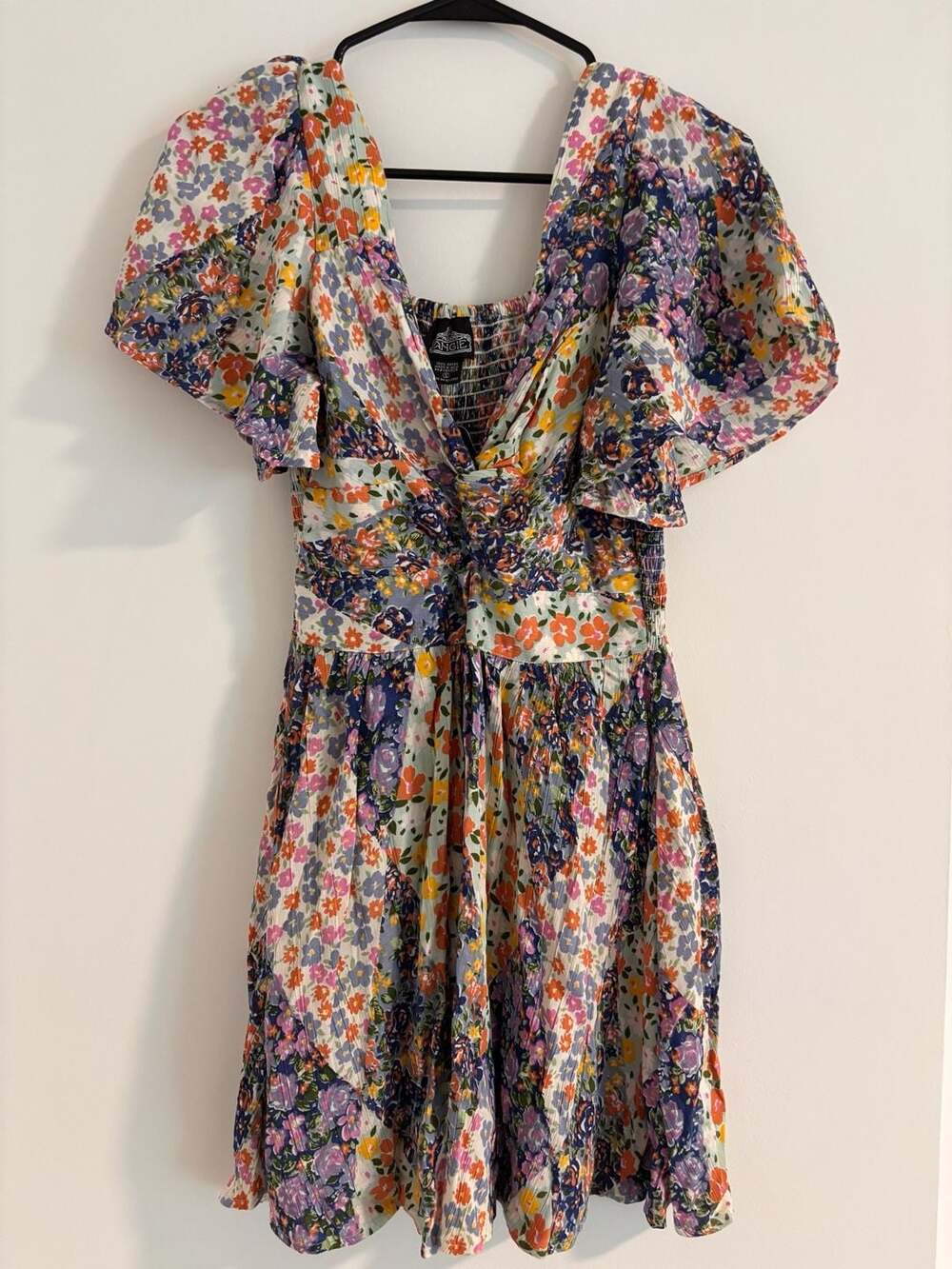 Angie Floral Print Patchwork Mini Dress with Puff Sleeves and Front Twist